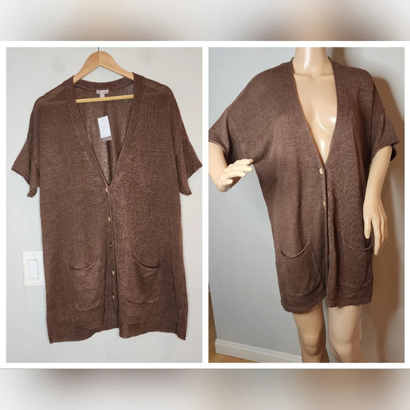 NWT J. Jill Linen Rayon Brown Short Sleeve Button Knit Cardigan Pockets Large - Picture 1 of 14